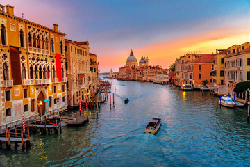 View of Grand Canal from Bridge Ponte dell'Accademia on sunset. Venice. Italy