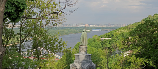 View of the Dnieper River and the Monument to Prince Vladimir in Kiev on a spring day