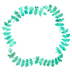 Round frame of simple elements, springs. Watercolor drawing with a contour stroke on a white background, for the design of invitations, cards, greetings