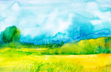 Watercolor abstract illustration of a Russian field with a forest in the background