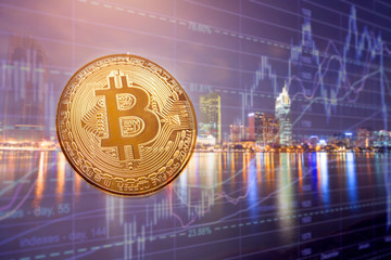 Bitcoins over blurred city