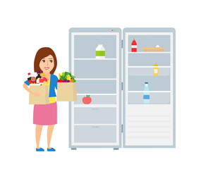 woman holding bags with products food near empty refrigerator