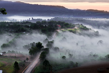Way and trees cover with misty  and mountain during sunrise that take a photo from Khao Takhian Ngo, Khao Kho, Phetchabun province,Thailand. This traveling with nature start to rainy season.