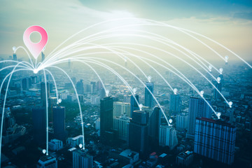 Creative design of network connection concept with landmark point development. Cityscape of communication symbol