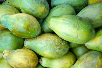 Green papaya fruits displayed on food market