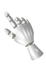Vector illustration of a mechanical palm on a white background. Robot hand with pointing finger, isolated object. Future technology concept.