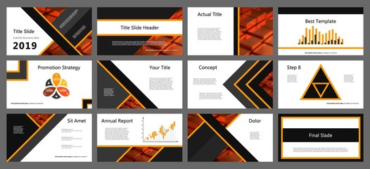 Vector illustration Powerpoint presentation templates set with golden elements background. Keynote presentation backgrounds. Brochure design, website slider, landing page design, annual report
