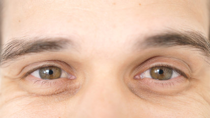Close up of young successful male brown eyes smiling