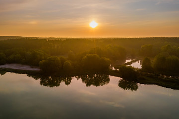 Beautiful misty dawn in the spring on the river.