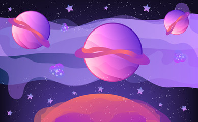Cartoon alien planets fantasy on dark blue scifi starry gravitation space background