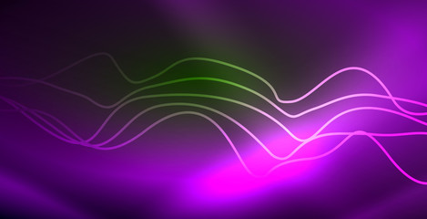 Glowing abstract wave on dark, shiny motion, magic space light. Techno abstract background