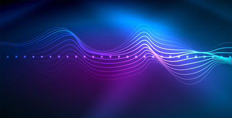 Glowing abstract wave on dark, shiny motion, magic space light. Vector techno abstract background