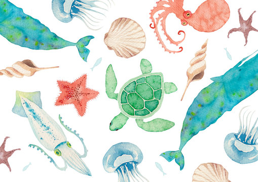 夏 背景 テキスタイル 海の生物 水彩 イラスト Stock イラスト Adobe Stock