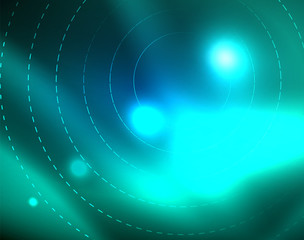 Blue neon circles, abstract circular lines. Glowing circle abstract pattern background