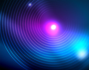 Blue neon circles, abstract circular lines. Glowing circle abstract pattern background
