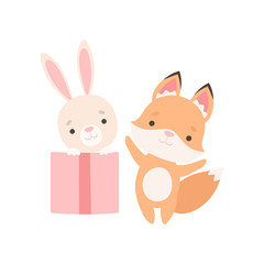 Obraz na płótnie Canvas Lovely Little Bunny Sitting Inside Gift Box, Fox Cub and Rabbit are Best Friends, Adorable and Pup Cartoon Characters Vector Illustration