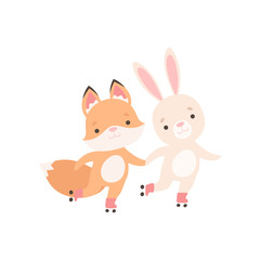 Lovely White Little Bunny and Fox Cub Holding Hands and Rollerblading, Cute Best Friends, Adorable Rabbit and Pup Cartoon Characters Vector Illustration