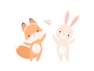 Obraz na płótnie Canvas Lovely White Little Bunny and Fox Cub Playing with Paper Plane, Cute Best Friends, Adorable Rabbit and Pup Cartoon Characters Vector Illustration