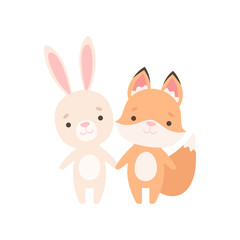 Lovely White Little Bunny and Fox Cub, Cute Best Friends, Adorable Rabbit and Pup Cartoon Characters Vector Illustration