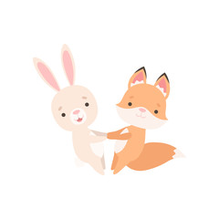 Obraz na płótnie Canvas Lovely White Little Bunny and Fox Cub, Cute Best Friends Having Fun Together, Adorable Rabbit and Pup Cartoon Characters Vector Illustration