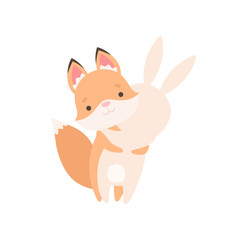Lovely White Little Bunny and Fox Cub Hugging, Cute Best Friends, Adorable Rabbit and Pup Cartoon Characters Vector Illustration