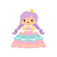 Cute Little Fairytale Princess Girl with Golden Crown Cartoon Vector Illustration