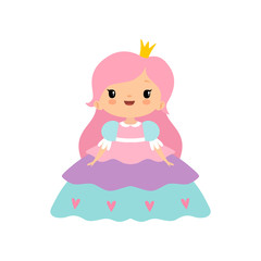 Cute Little Fairytale Princess Girl with Pink Hair and Golden Crown Cartoon Vector Illustration
