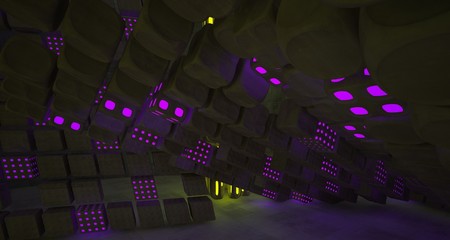 Abstract  Concrete Futuristic Sci-Fi interior With Pink And Yellow Glowing Neon Tubes . 3D illustration and rendering.