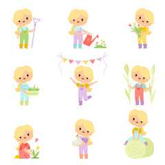 Cute Young Girl in Overalls and Rubber Boots Engaged in Agricultural Activities Set, Farmer Girl Cartoon Character Caring for Plants and Harvesting Vector Illustration