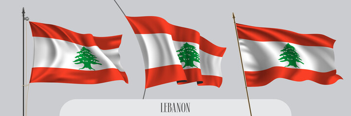 Set of Lebanon waving flag on isolated background vector illustration