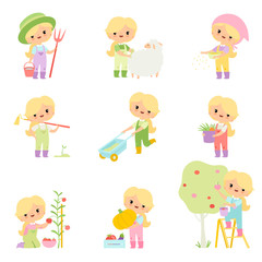Cute Young Girl in Overalls and Rubber Boots Caring for Aimals and Plants Set, Farmer Girl Cartoon Character Engaged in Agricultural Activities Vector Illustration