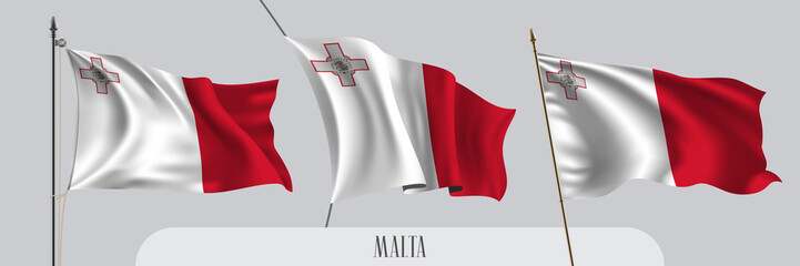 Set of Malta waving flag on isolated background vector illustration