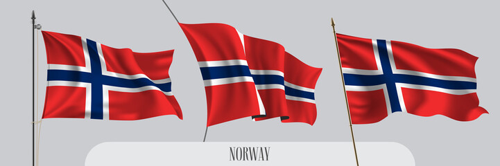 Set of Norway waving flag on isolated background vector illustration