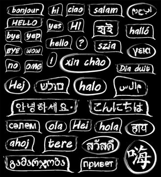 Hello Speech bubbles on chalkboard in many different languages. Set of speech bubbles: bonjour, hi, ciao, salam, hallo, bye, yep, wow, hej, ahoj, tere, hola, xin chao and others.