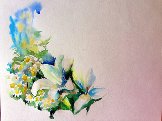 Abstract bright colored decorative background . Floral pattern handmade . Beautiful tender romantic spring bouquet of lily flowers , made in the technique of watercolors from nature.