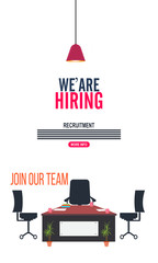 Fototapeta premium We're hiring and join our team concept with Office interior modern flat vector illustration. Business table with computer monitor and chair on white background.