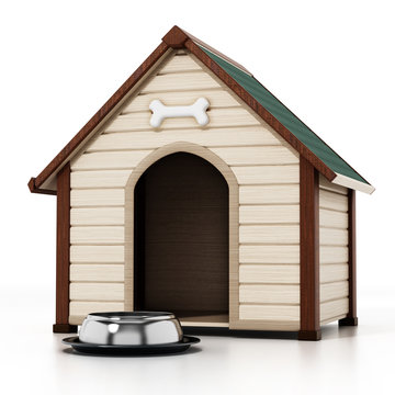 Doghouse and food bowl isolated on white background. 3D illustration