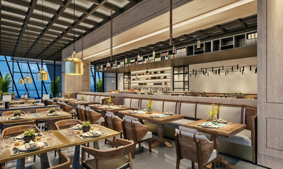 Modern interior design of restaurant lounge, oriental arabic style with wire mesh ceiling and hidden lights,  wood and bronze gold colors, 3d rendering