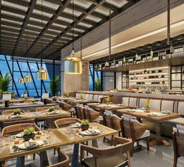 Modern interior design of restaurant lounge, oriental arabic style with wire mesh ceiling and hidden lights,  wood and bronze gold colors, 3d rendering