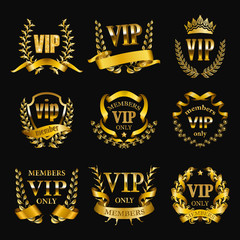 Set of gold vip monograms for graphic design on black background.