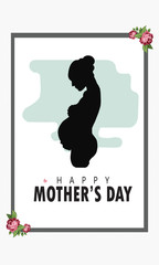 Beautiful pregnant profile mother silhouette. Woman vector illustration. Happy Mothers Day card, Paper cut flower frame with Pregnant woman. - Vector