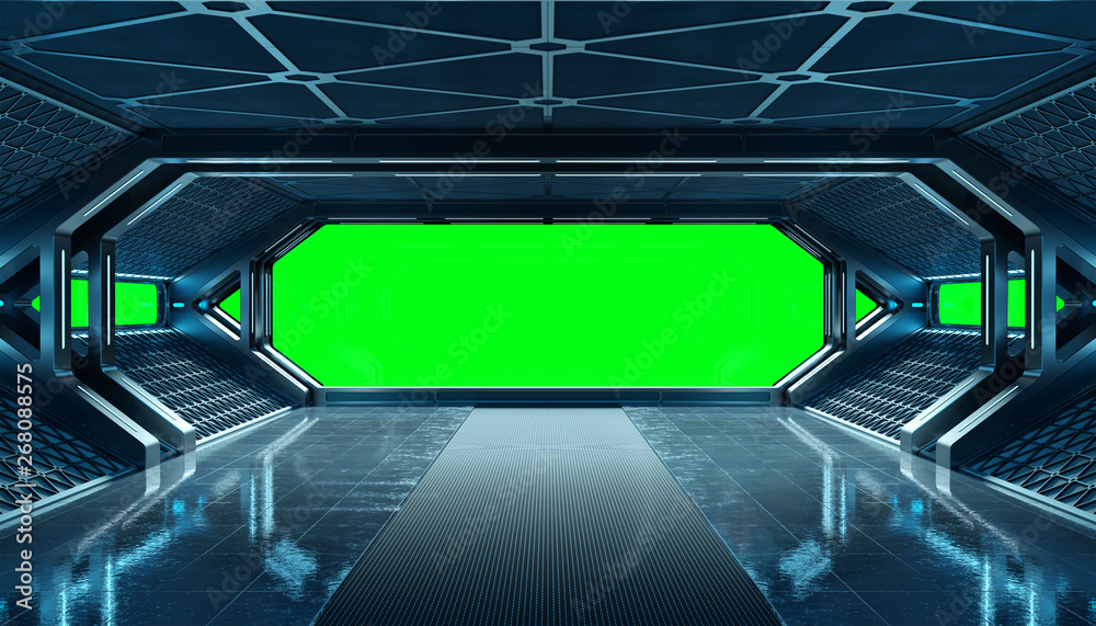 Poster dark blue spaceship futuristic interior mockup with window 3d rendering