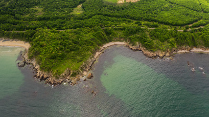 Aerial view of beautiful rocky beach and forest