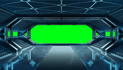 Dark blue spaceship futuristic interior mockup with window 3d rendering © sdecoret