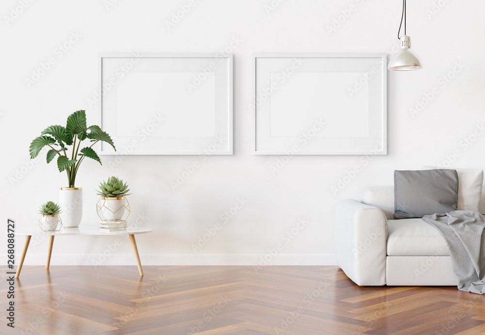 Poster two horizotnal frames hanging in modern living room mockup 3d rendering