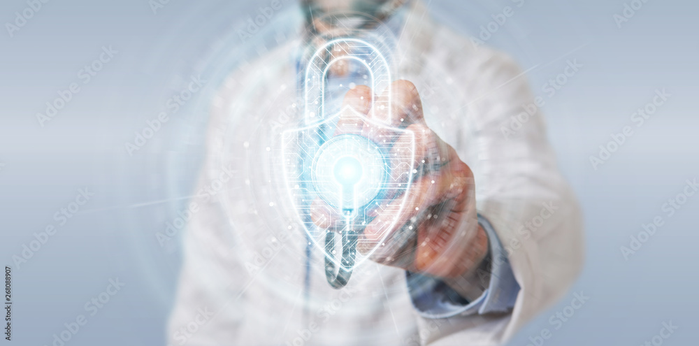 Fototapete Scientist  using digital padlock security interface to protect datas 3D rendering