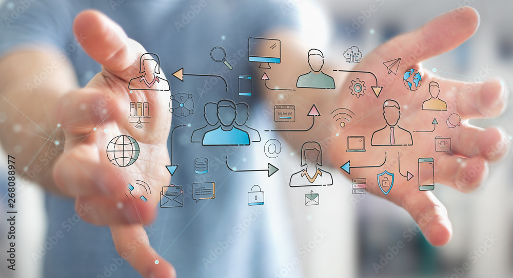 Poster businessman using thin line social network icons interface