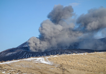 Japan active volcano Mount Aso winter eruption