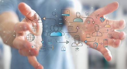 Businessman using thin line social network icons interface