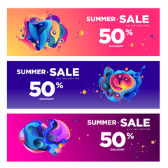 Vector summer sale 50% discount with fluid colorful background. Summer banner, website, poster, and sales promotion background set